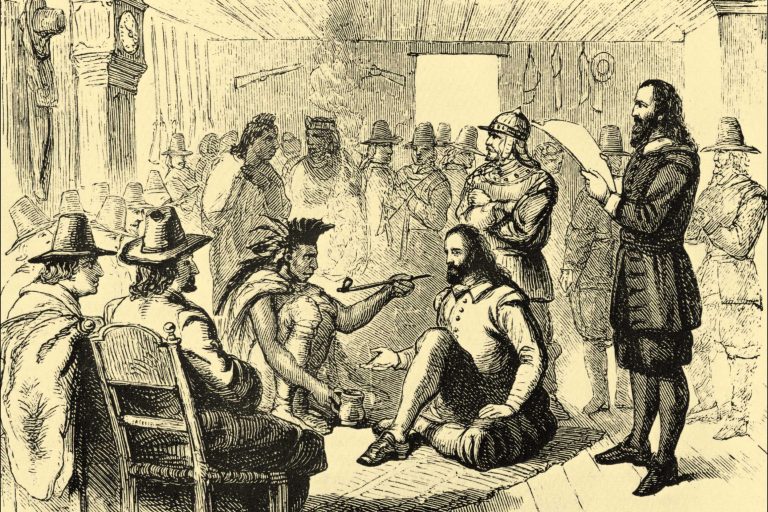 Massasoit-smoking-a-peace-pipe-with-Governor-John-Carver-when-the-alliance-was-made-in-1621.
